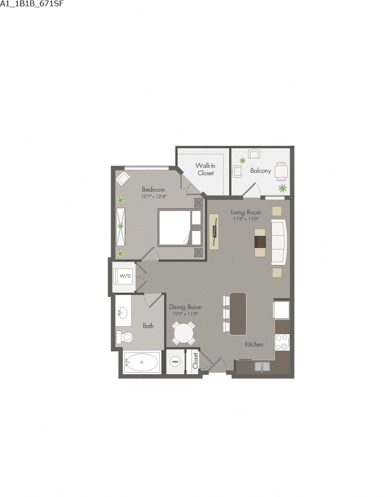 Floor plan for 1 bed, 1 bath, 671 sqft